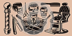 Set of vector elements for barbershop theme on a dark background