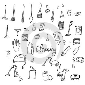 Set of vector elements with items for cleaning. Washing machine, powder, vacuum cleaner doodle.