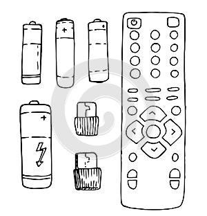 Set of vector elements remote control and batteries, written by hand in black line in the style of Doodle isolated on a white