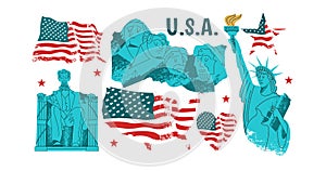 A set of vector elements. USA, American landmarks, statues and monuments. The statue of liberty, Lincoln monument and mount