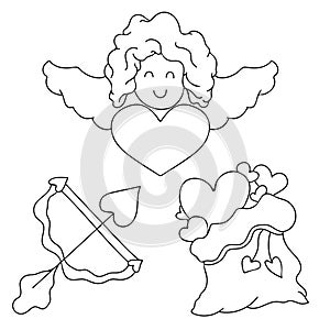 Set of vector elements Valentine`s Day. Cupid, bow and arrow and bag of hearts in doodle style