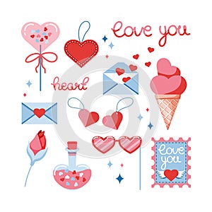 Set of vector elements for Valentine`s Day. Kit of love icons. Isolated elements on a white background. Candy heart, glasses