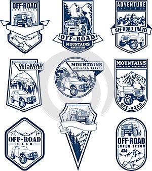 Set of Vector emblems with 4x4 off-road car and mountains