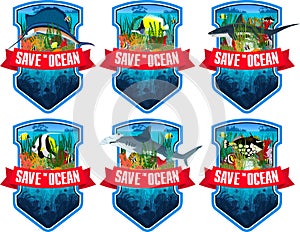 Set of Vector emblems with coral reef, colorful tropical fishs, swordfish and sharks