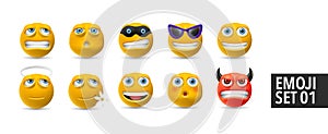 Set of vector emotion icons. Happy, sad emoji faces. Yellow cartoon characters