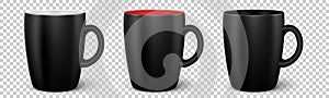 Set of vector empty black cups. Realistic coffee mugs with handle. Collection of black cups with different color inside