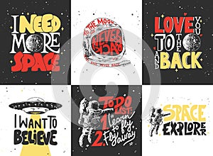 Set of vector engraved style posters, decoration and t-shirt design. Hand drawn sketches of space and galaxy with modern