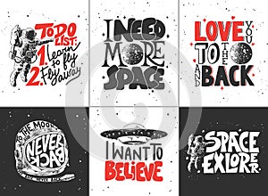 Set of vector engraved style posters, decoration and t-shirt design. Hand drawn sketches of space, ufo, moon planet and astronaut