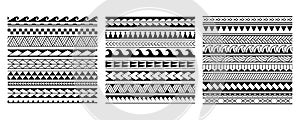 Set of vector ethnic seamless pattern in maori tattoo style. Geometric border with decorative ethnic elements. Horizontal pattern. photo