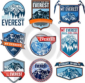 Set of Vector Everest mountain logo. Emblem with highest peack in world. Mountaineering label photo