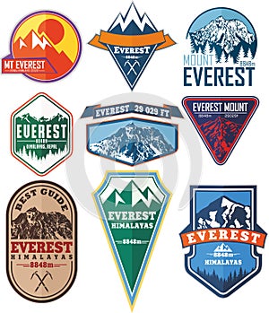 Set of Vector Everest mountain logo. Emblem with highest peack in world. Mountaineering labels