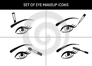 Set of vector eye icons with different  brushes for makeup. Applying beauty products and cosmetics