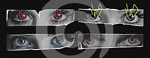 Set of vector female eyes as if png elements cut out of a magazine. Vibrant acid trend colors on transparent background