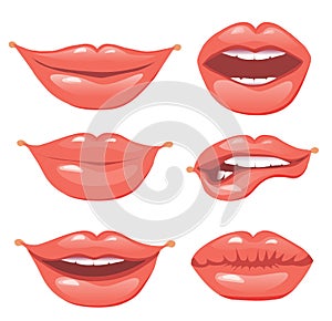 Set of vector female lips on a white background. Various emotion