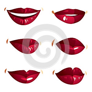 Set of vector female red lips expressing different emotions