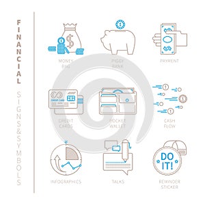 Set of vector financial icons and concepts in mono thin line style