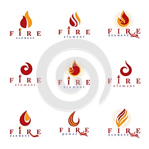 Set of vector fire logos, hot burning flame symbols best for use as petrol .