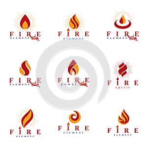 Set of vector fire logos, hot burning flame symbols best for use as petrol .