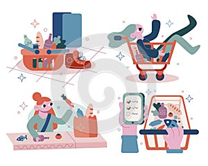 Set vector flat cartoon illustrations. Grocery shopping in the store. Shopping list and grocery bags.