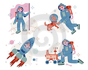 Set vector flat cartoon illustrations. Space Adventures. Space exploration. Astronaut on another planet.