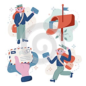 Set vector flat cute cartoon illustrations. Express delivery. The postman delivers letters.