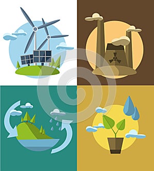 Set vector flat design concept illustrations with icons of ecology, environment, green energy and pollution