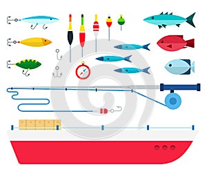 Set vector flat icons of fishing gear. Different equipment for fishing enthusiasts.