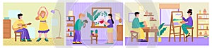 A set of vector flat illustrations of creative home hobbies people
