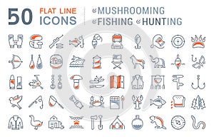 Set Vector Flat Line Icons Mushrooming, Fishing and Hunting