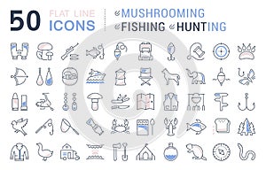 Set Vector Flat Line Icons Mushrooming, Fishing and Hunting