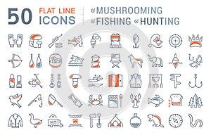 Set Vector Flat Line Icons Mushrooming, Fishing and Hunting photo