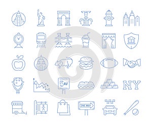 Set Vector Flat Line Icons New York