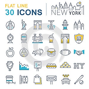 Set Vector Flat Line Icons New York