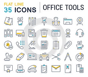 Set Vector Flat Line Icons Office Tools