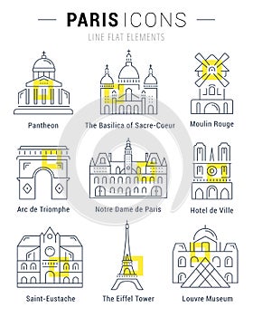 Set Vector Flat Line Icons Paris Architecture