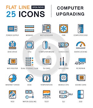 Set Vector Flat Line Icons Upgrading Computer