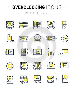 Set Vector Flat Line Icons Upgrading Computer