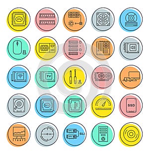 Set Vector Flat Line Icons Upgrading Computer
