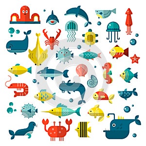 Set of vector flat sealife elements, plants and sea animals - shark, jellyfish, octopus and others. Collection of modern photo