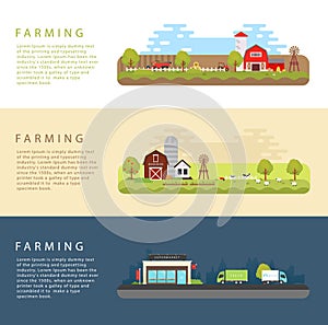 Set of Vector Flat Style Illustrations of Farm Landscape