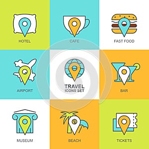 Set of vector flat travel icons. Map symbols, waypoint, hotel, t photo