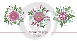 Set of vector floral round decorative elements. Flat trendy illustration with flowers, leaves, branches. Meadow, woodland, forest