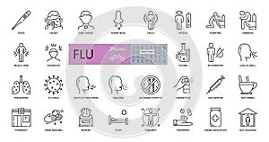Set of vector flu icons with editable stroke. Symptoms, treatment and prevention of colds. Virus, fever, sneezing, runny nose, photo
