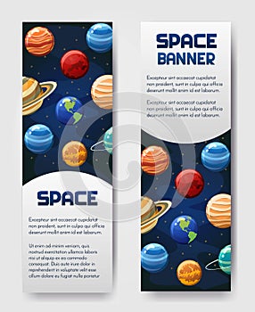 Set of 2 vector flyer,banner,brouchure with planets. Universe, galaxy, cosmic style label photo