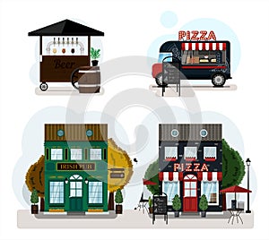 A set of vector food trucks, fast food and irish pub. Cartoon bar, cart and coffee house icons. Flat design of facades