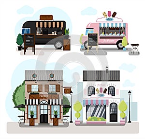 A set of vector food trucks, restaurants and cafes. Cartoon coffee house and ice-cream cafe icons. Flat design of
