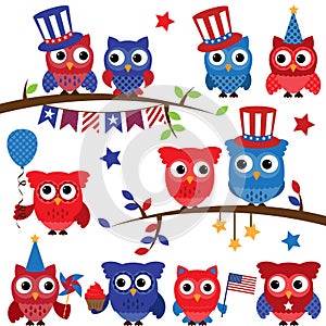 Set of Vector Fourth of July or Patriotic Owls