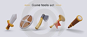 Set of vector game tools. 3D sword, shield, axe, bugle, spyglass. Spying, attack, defense