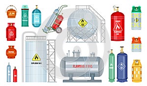 Set of vector gas cylinder. Safety fuel tank of helium butane acetylene