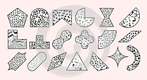 Set of vector geometric memphis shapes. Abstract simple basic shapes with patterns and textures.